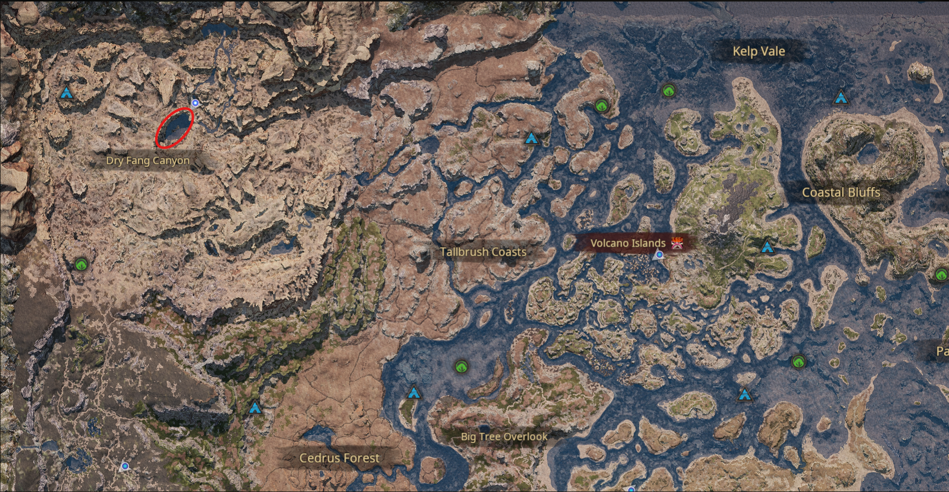 Mapa de Riparia dentro do jogo, com a área dos ninhos circulada em vermelho sobre Dry Fang Canyon