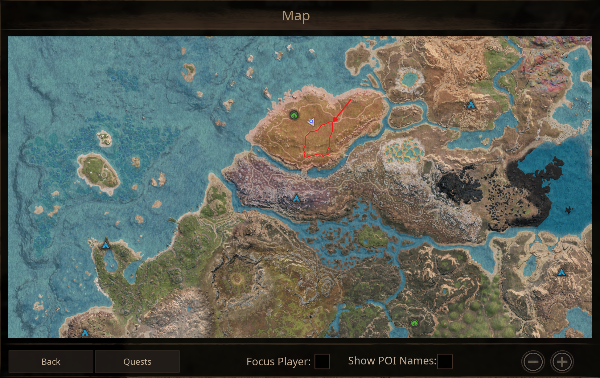 Mapa de Gondwa dentro do jogo, com a área dos ninhos contornada em vermelho no planalto de Savanna Grassland