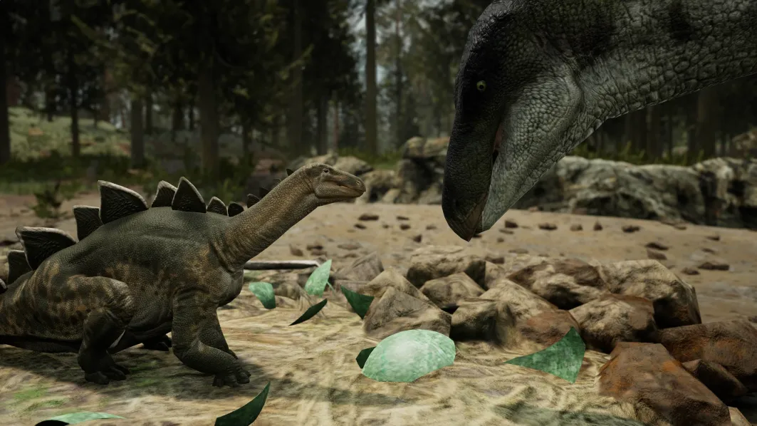 Filhote de Stegosaurus ao lado do ninho com ovos, sob o olhar de um adulto