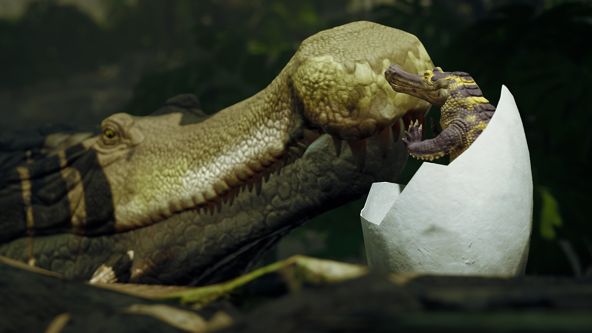 Filhote de Sarcosuchus saindo do ovo diante da mãe — arte oficial do Nesting Update de Path of Titans