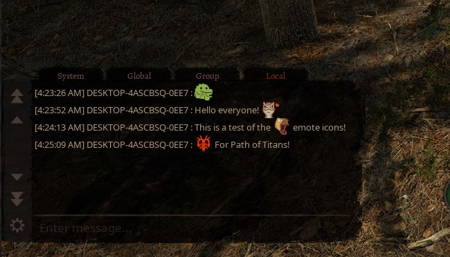 Tela de emotes do chat de Path of Titans